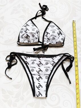 CHANEL Black & White Logo Triangle Bikini Set